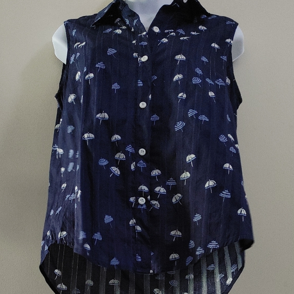 Nine West Blue Sleeveless Button Down Shirt with Notched Collar
